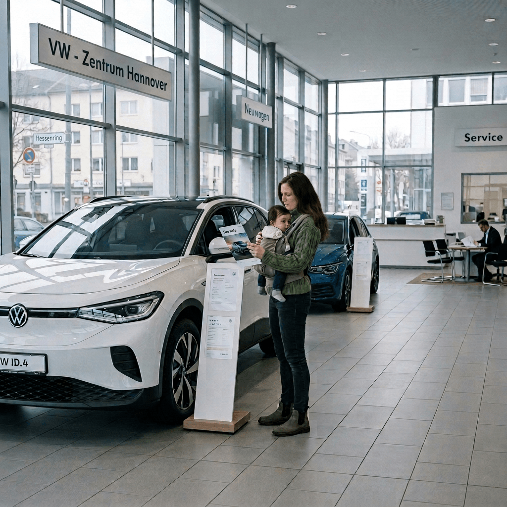 Woman with baby reading car brochure beside white Volkswagen ID.4 in dealership